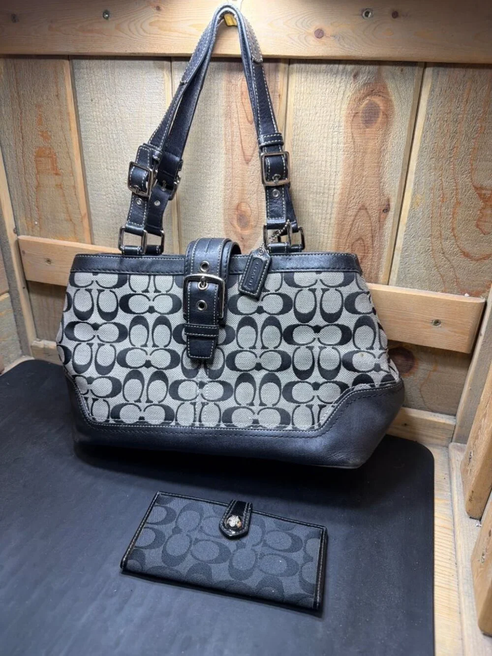 Coach Signature C Black Grey Canvas Buckle Tote Shoulder Bag Wallet Set F12642